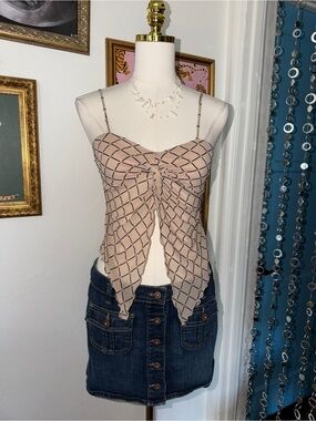 Vintage Y2K Beige Diamond-Print Twist Front Spaghetti Strap Top